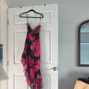 Ravina Asymmetrical Floral Dress in Pink and Black